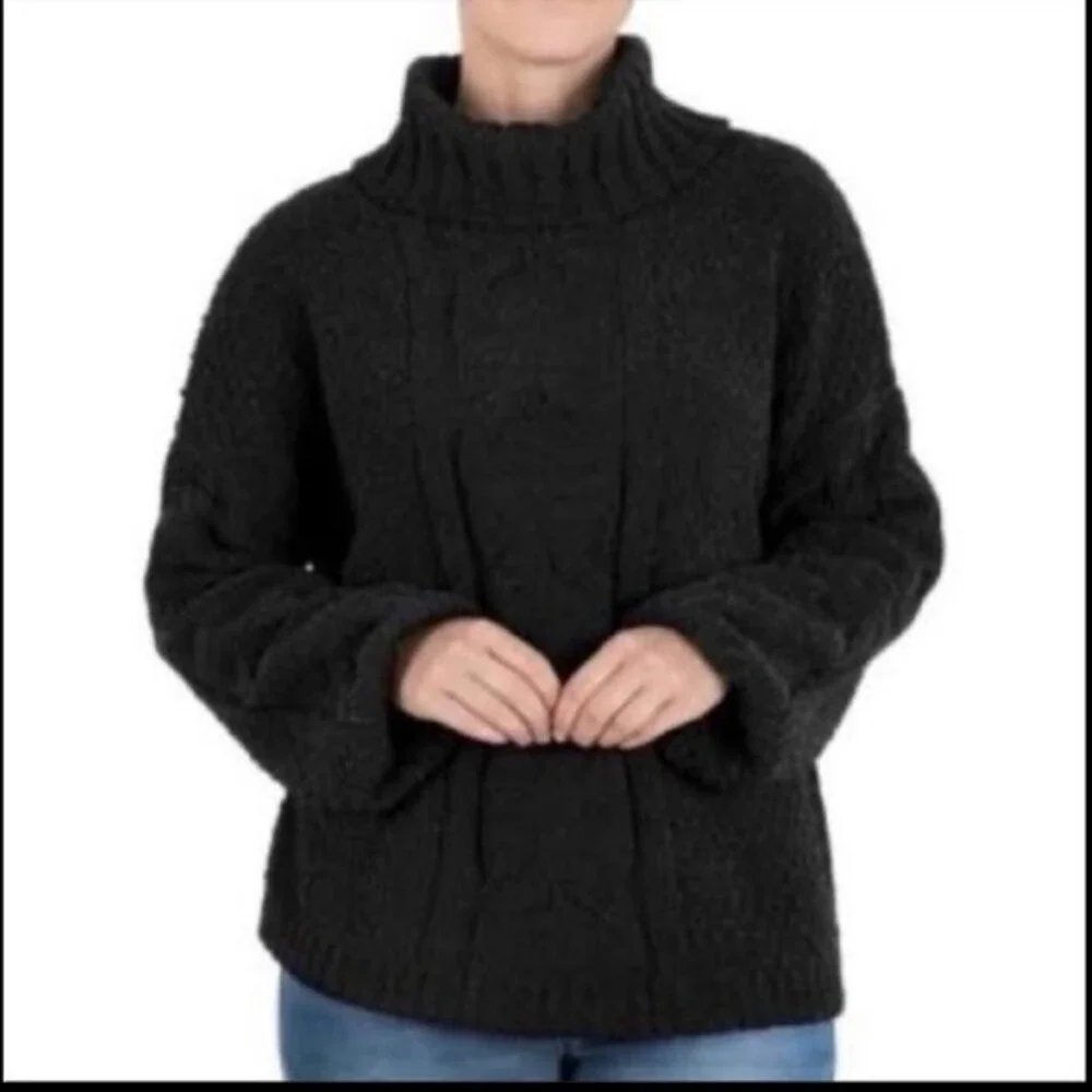 Seven7 Cable Knit Cowl Neck Chenille Chunky Black Balloon Sleeve Sweater Large